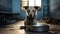 A sad mongrel young dog with a chain on his collar is located next to a large stainless steel bowl. Taking care of animals.