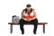 Sad overweight woman sitting on a wooden bench next to a sports