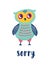 Sad owl and Sorry word handwritten with elegant calligraphic font. Adorable smart polite bird apologizes for something