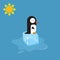 Sad penguin sitting on a melting ice cube, global warming concept