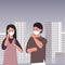 Sad people wearing protective face masks walking on street. Fine dust, air pollution, industrial smog, pollutant gas