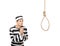 Sad prisoner in begging gesture with a noose