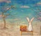 Sad rabbit with suitcase sitting on the bench on the cloud in sky