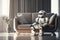 A sad robot sits alone on a sofa in a modern living room. AI generative