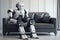 A sad robot sits alone on a sofa in a modern living room. AI generative