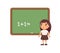 Sad schoolgirl is standing in front of a blackboard. Kid cannot solve the example.