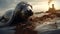 sad seal smeared with oil on a polluted coast, environmental problem, close up, banner