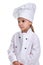Sad and serious chef girl in a cook uniform. Human emotions, facial expression feeling, attitude