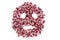 Sad smiley emoticon made of dried rose petals on a white background