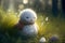 Sad snowman melts in park with arrival of spring. Snowman in the rays of warm spring sun. Grass under snow. 3d illustration