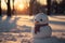 Sad snowman melts in park with arrival of spring. Snowman in the rays of warm spring sun. Grass under snow. 3d illustration