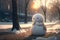 Sad snowman melts in park with arrival of spring. Snowman in the rays of warm spring sun. Grass under snow. 3d illustration