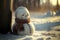 Sad snowman melts in park with arrival of spring. Snowman in the rays of warm spring sun. Grass under snow. 3d illustration
