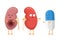Sad suffering sick and cute healthy amazement kidney with drug medicine pill characters. Human anatomy genitourinary