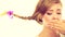 Sad teenage girl in windblown braid hair