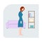 Sad tired girl closed eyes. Slouching girl standing in the room. Simple flat vector illustration