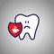 Sad tooth, dentistry, oral hygiene. Red shield with the symbol of a bowl of tea or coffee. The concept of harm.