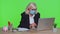 Sad unhappy senior office businesswoman putting on face medical mask, prevent respiratory infection