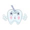 Sad, upset tooth with hole, cavity on top looking to stomatological instrument which touching him.