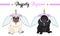 sad vector pug puppy dog sitting down, wearing pink bonnet with unicorn horn with rainbow colors and angel wings