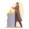 Sad Woman Beggar Warming Hand on Fire Burning in Metal Barrel, Female Character Wearing Ragged Clothing Living on Street