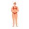 Sad woman in bikini with slightly fat chubby body. Chunky female in underwear with little bit overweight belly. Unhappy