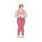 Sad woman with fat belly standing can not fasten pants sketch style