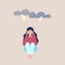 Sad woman is sitting. Depression. Woman is crying from above clouds with lightning. An example of mental disorder