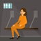 Sad woman sitting in prison. Person in orange clothing locked