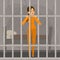 Sad woman standing in prison. Person in orange clothing