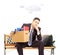 Sad young businessman with cloud over head holding box