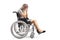 Sad young disabled female in a wheelchair holding her head