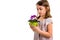 Sad young little girl holding flower pot mourning family loss