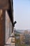 Sad young man standing on the edge of bridge. Looking away thi