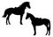 Saddled horse ready for ride black and white vector silhouette set