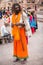 Sadhu holy man on the Dashashwamedh Ghat of Ganga river. Varanasi is most important pilgrimage sites in India.