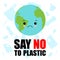 Sadness cartoon globe character holding plastic bag. Say no to plastic bag.