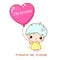 Sadness kawaii little girl with red heart shaped balloon. Inscription I`m sorry, Forgive me please