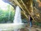 Saeng Chan waterfall in the deep humid forest at Ubon Ratchathani, Thailand, Leaf moving low-speed shutter blur