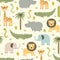 Safari animals seamless pattern with cute hippo, crocodile, lion