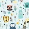 Safari baby animals seamless funny pattern. Vector kid print. Hand drawn doodle illustrations in scandinavian style. Blue backgrou