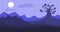 Safari cartoon background, desert savanna panorama and landscape with trees, hills and moon. Safary layered panoramic