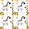Safari childish seamless pattern vector illustration with Giraffe, zebra with green leaves on white background. EPS