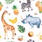 Safari collection with giraffe, rhino, zebra, banana, pineapple, coconut, palm leaves