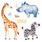 Safari collection with giraffe, rhino, zebra, stones