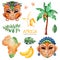 Safari collection with palm tree, banana, african woman, men masks