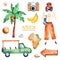 Safari collection with palm tree, young travelling girl, pickup car