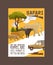 Safari hunting poster vector illustration. Hunter accessories such as gun, jeep car or vehicle in nature with plants as