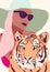 Safari Lady with hat sunglasses and tiger, tropical illustration, african woman