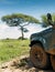 Safari Off-road large vehicle dirty front wheel with Lonely tree with beautiful wide-angle bright blue sky. Tarangire National